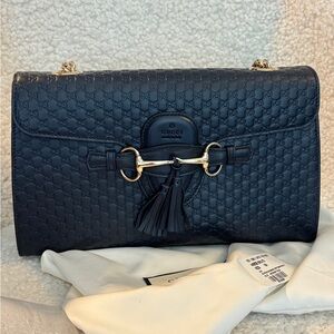 Gucci Emily Guccissima GG Logo Leather Shoulder Bag Midnight Blue New